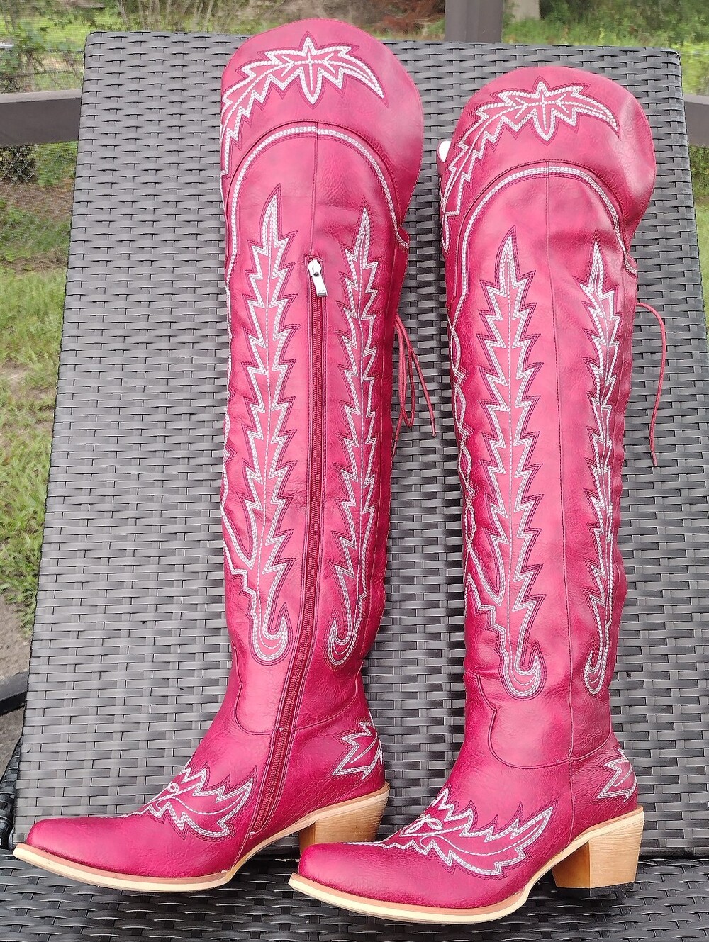 Over-the-Knee Lace Up Back Snip Toe Western Boots In Red